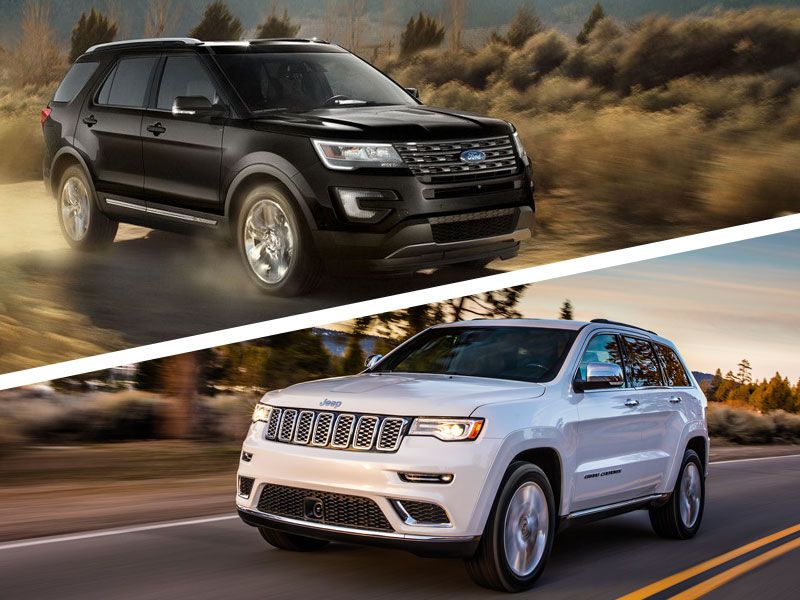 2017 Ford Explorer vs 2017 Jeep Grand Cherokee exterior on road ・  Photo by Ford / Jeep