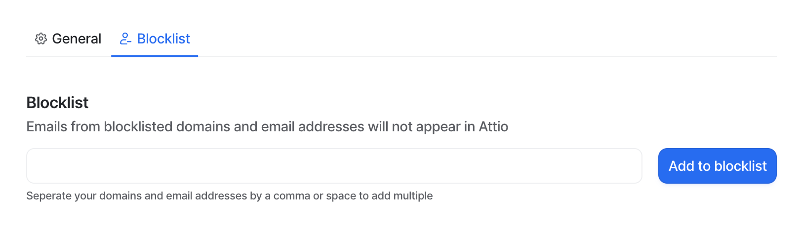 Text box for adding email addresses and domains to an email blocklist