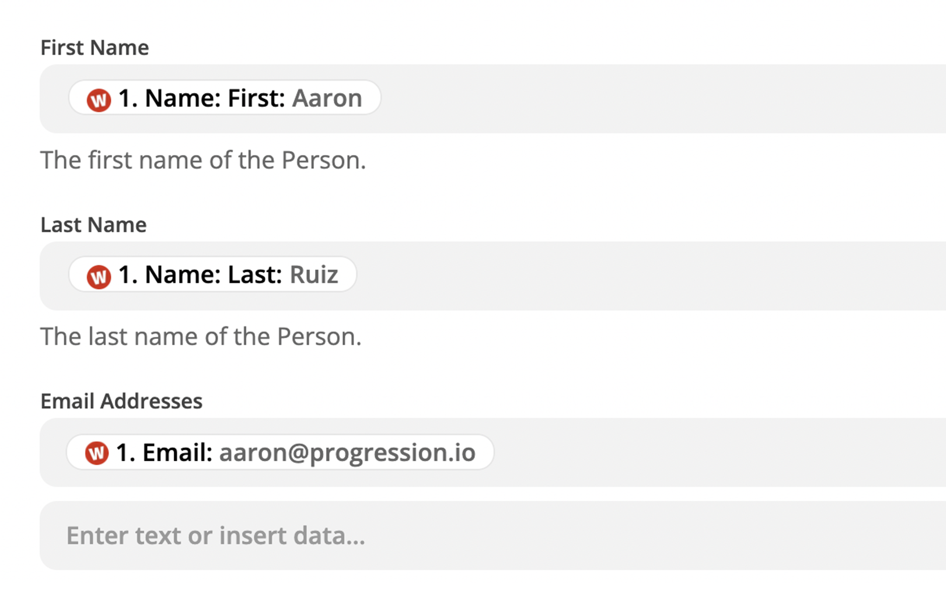 An action step in Zapier that will create a new person record in Attio using name and email data from Wufoo