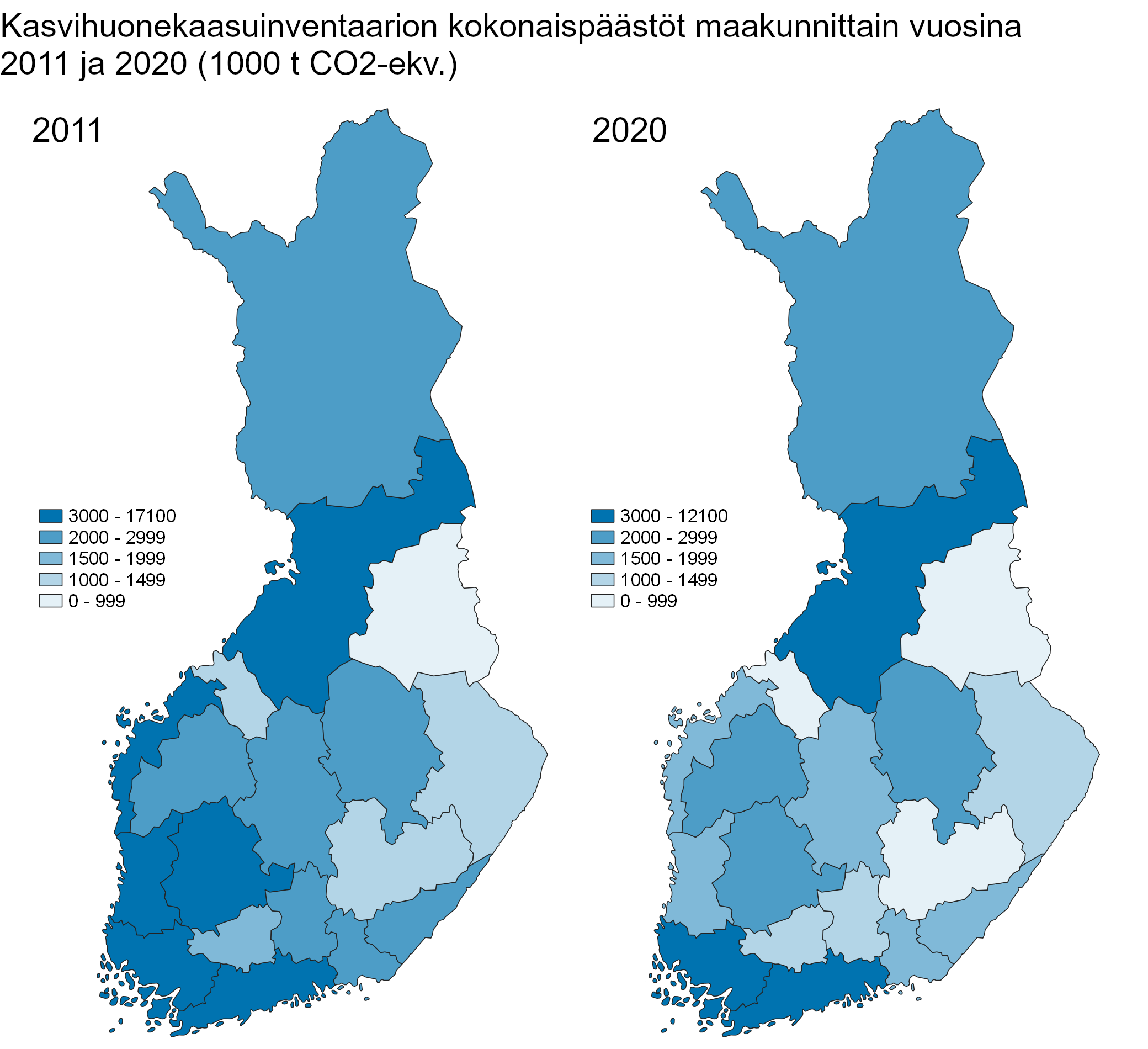 Suomen maakuntien kokonaiskasvihuonekaasupäästöt vuosina 2011 ja 2020 on esitetty kahtena karttakuvana. Kuntien välinen vaihtelu päästöissä on suurta.