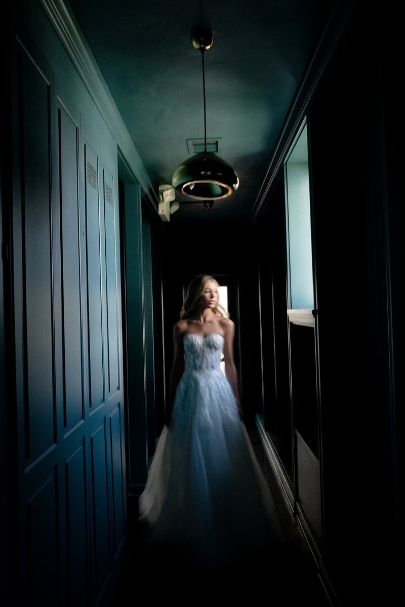 bride in teal room