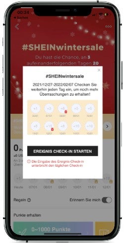 Shein belohnt das tägliche Öffnen der App mit Punkten, die beim Einkauf in einen Rabatt umgewandelt werden können