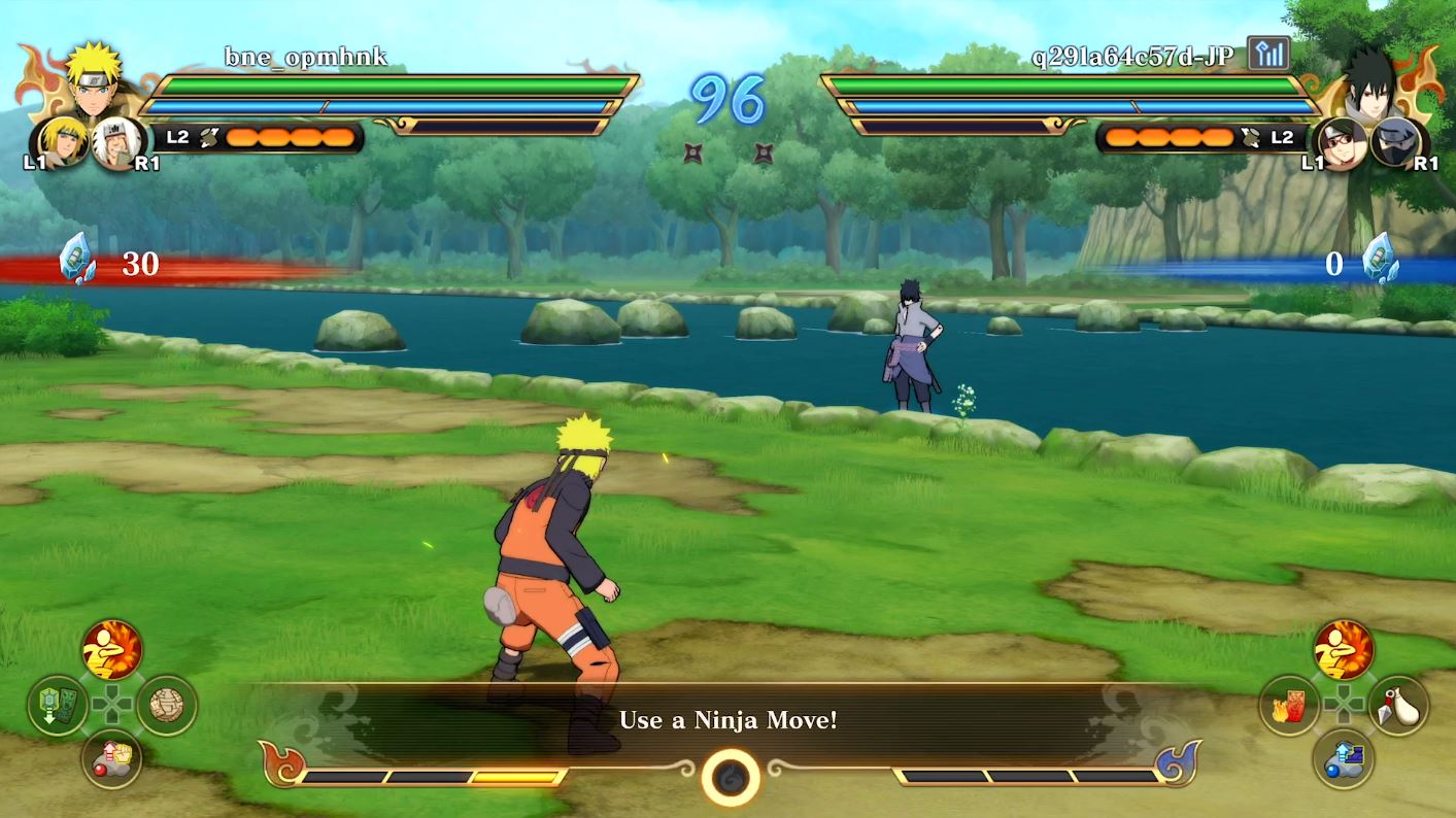 Naruto faces off against Sasuke along a river