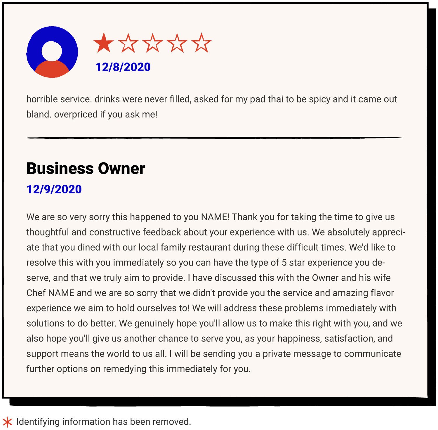 Example of a bad review with a proper response
