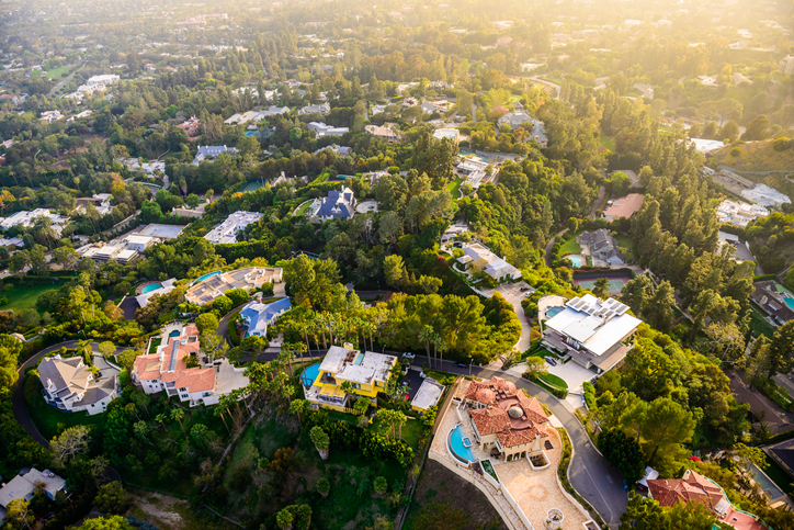Beverly Hills mansions landscape aerial view in Los Angeles California