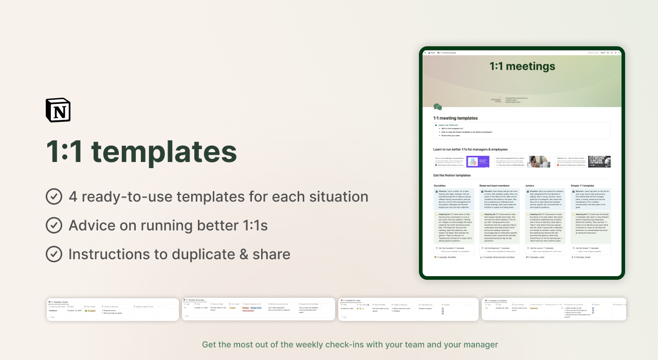 An overview guide of 1:1 meeting templates designed to enhance team check-ins and manager-employee interactions.