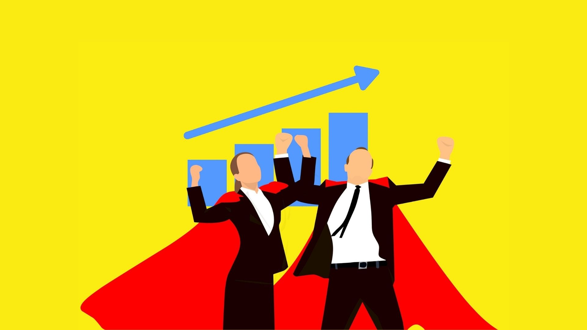 Personnes cadres devant une courbe de croissance, présentées comme des super-héros.