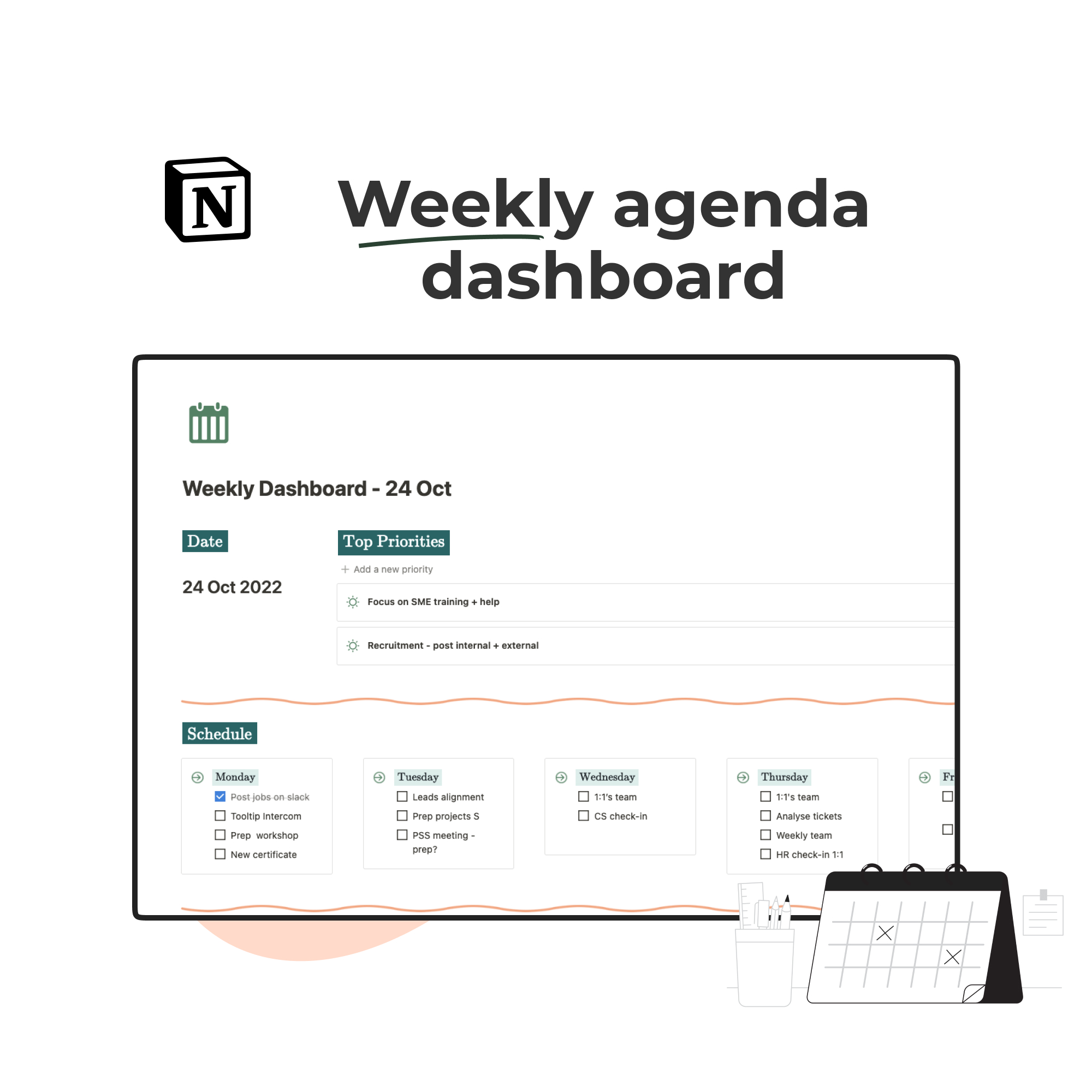 Weekly agenda dashboard template for managers in Notion.