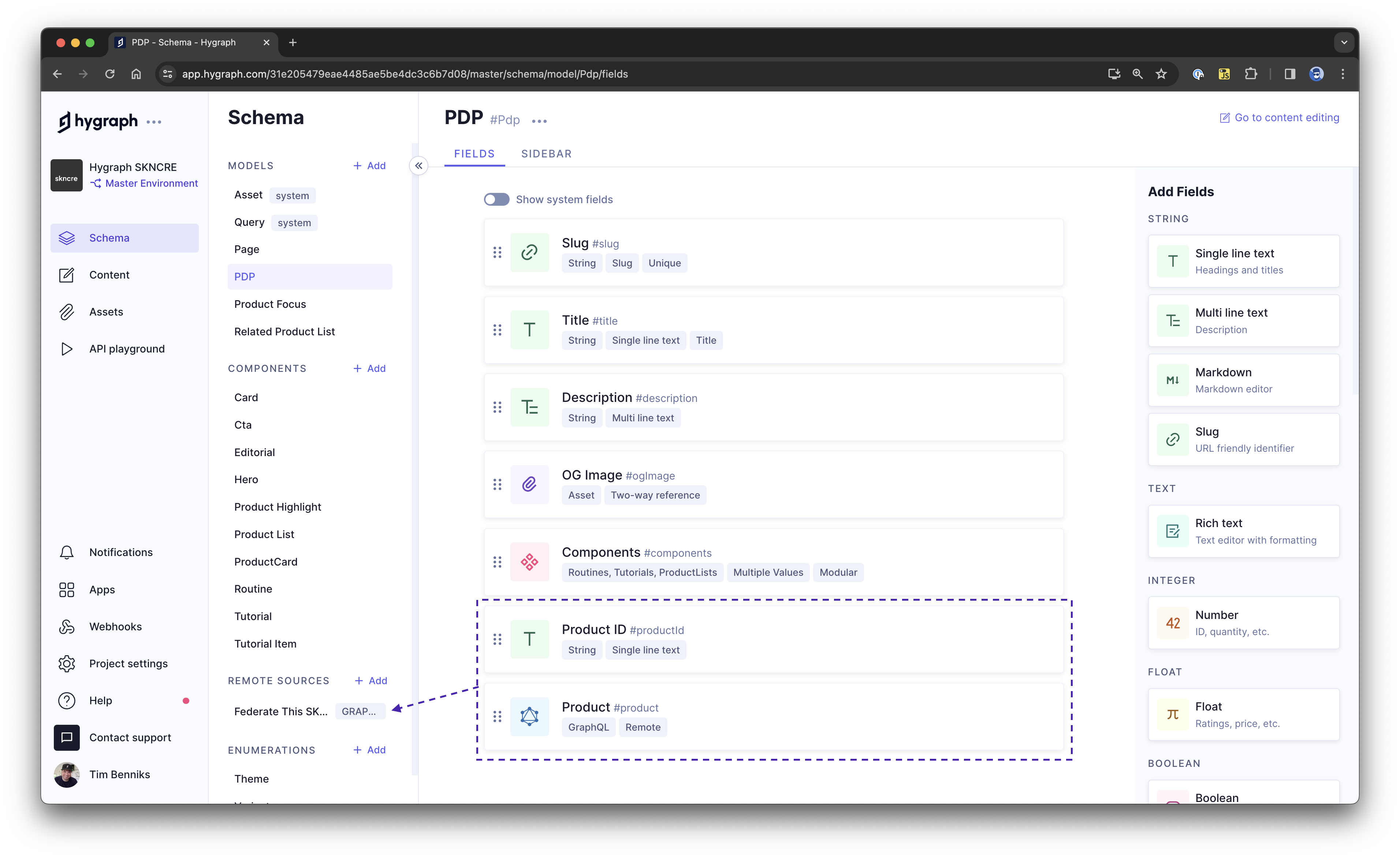 一个产品页面的模式，其中包含一个用于从 Federate This 端点选择产品的远程 GraphQL API 字段。