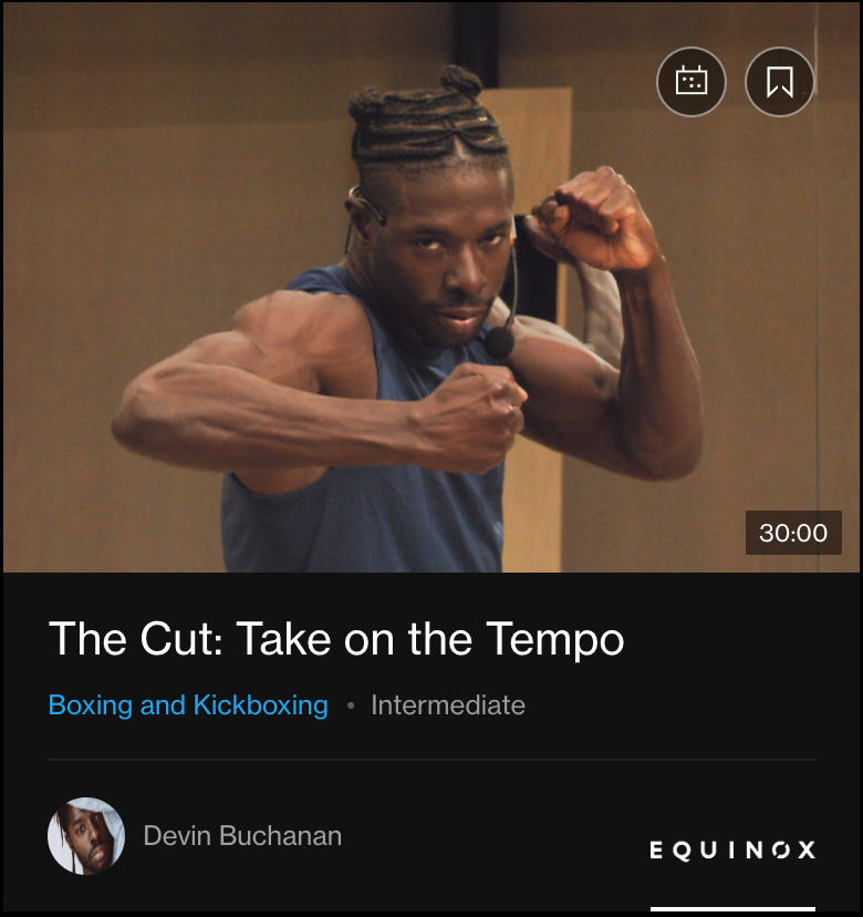 Frame from Devin Buchanan's workout video above a title that reads "The Cut: Take on the Tempo"