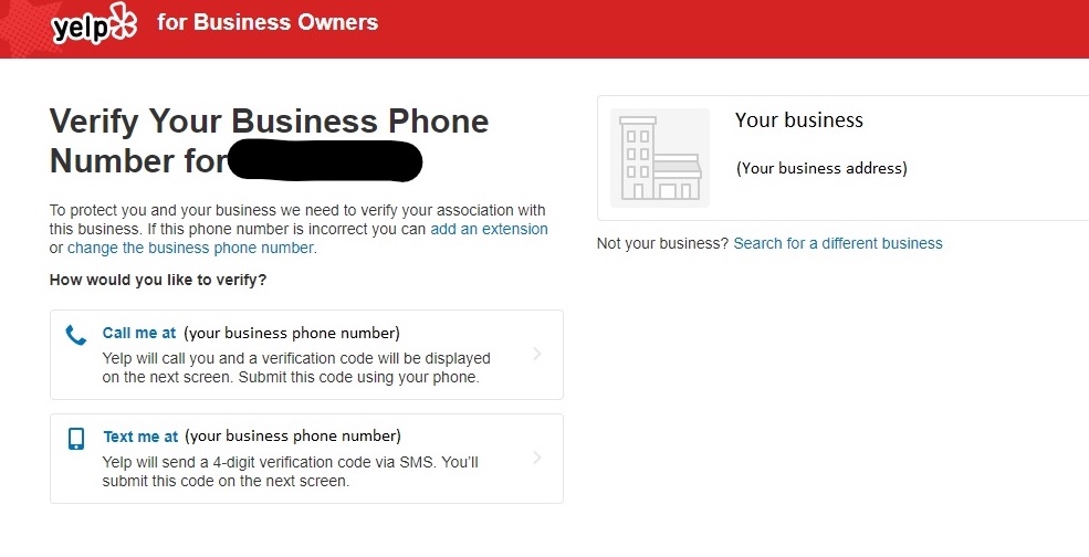 yelp business owner confirm verify phone number screen