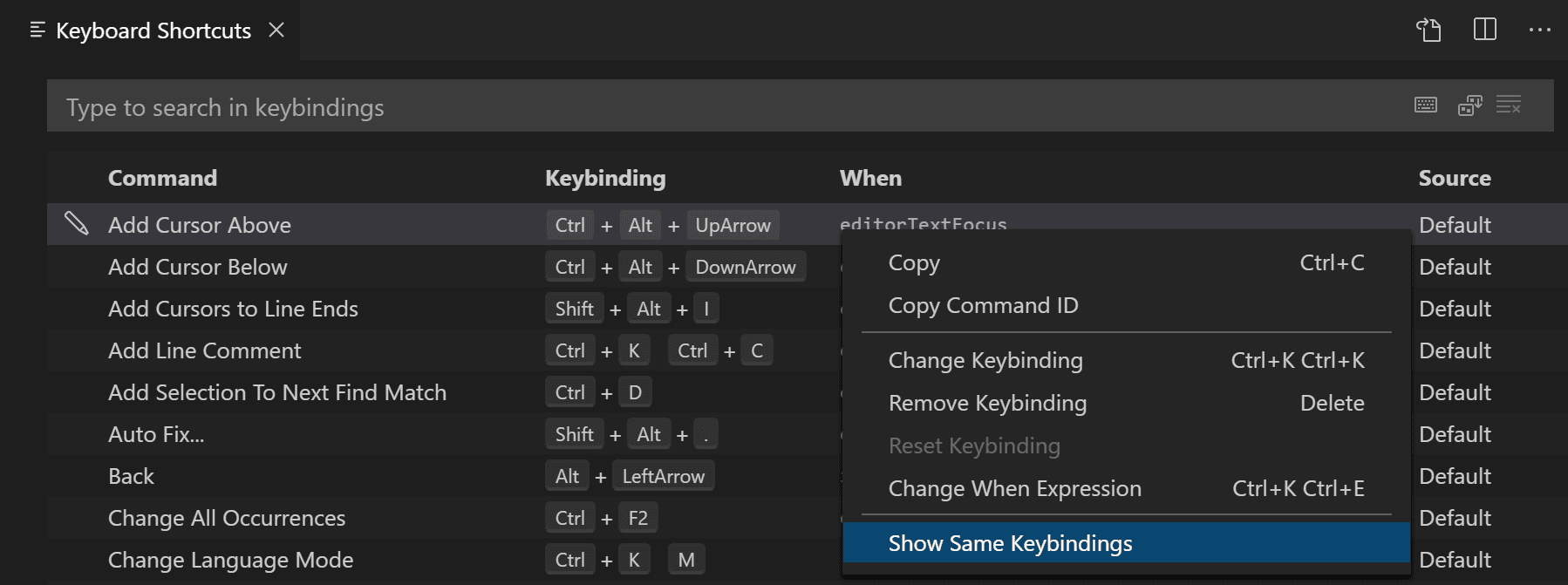 custom keybindings in vs code