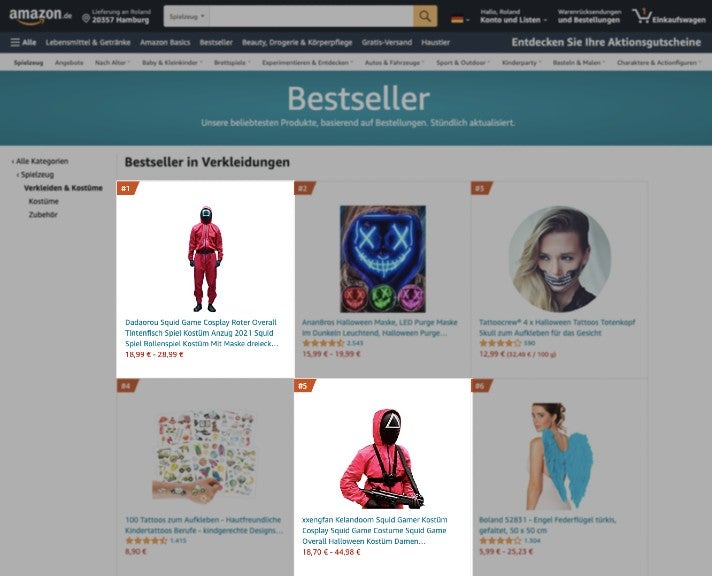 Bestseller im Bereich Verkleidungen für Männer auf Amazon.de: Auf Platz 1 und Platz 5 liegen Squid-Game-Kostüme (bearbeiteter Screenshot)