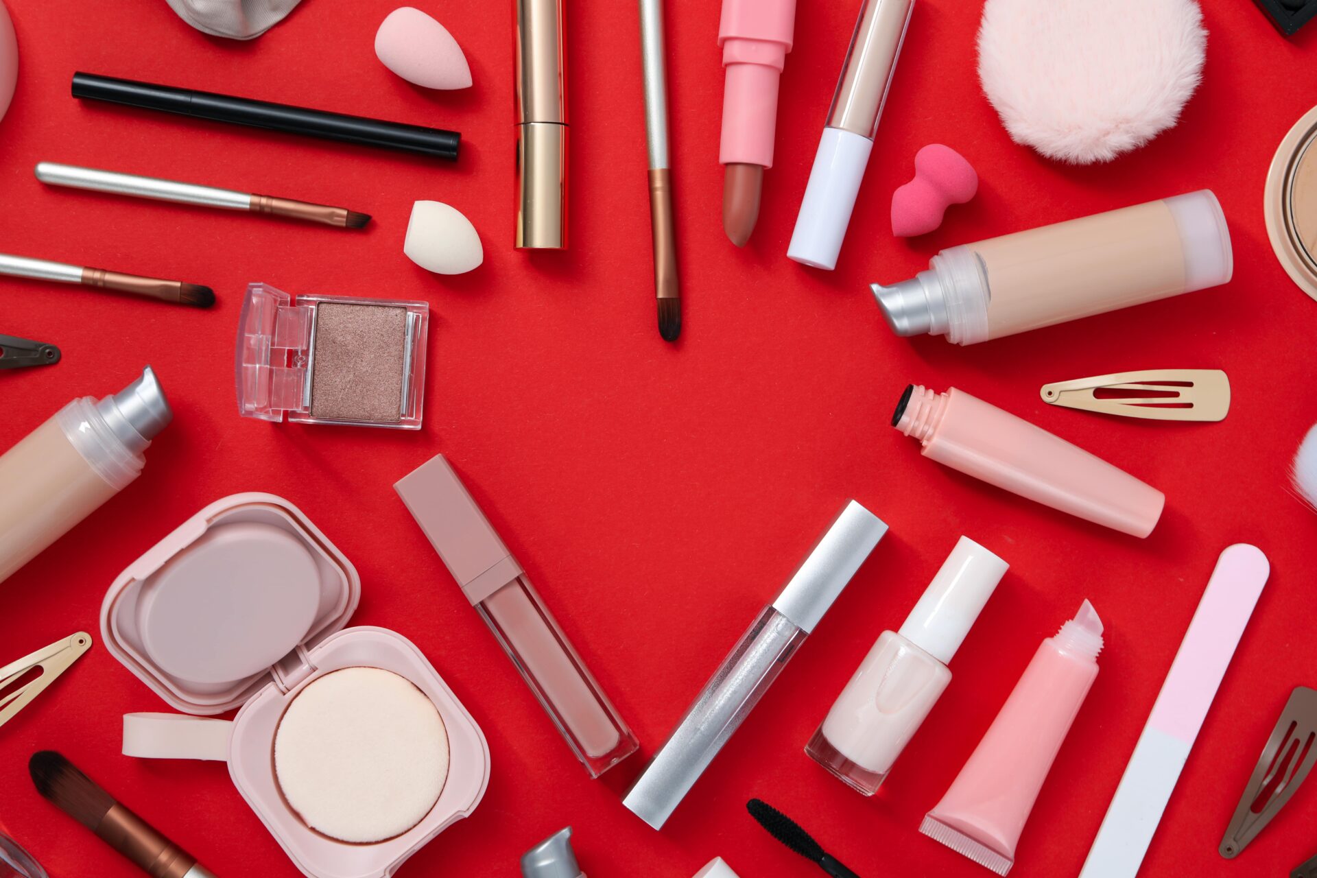 beauty products in Valentine's Day arrangement