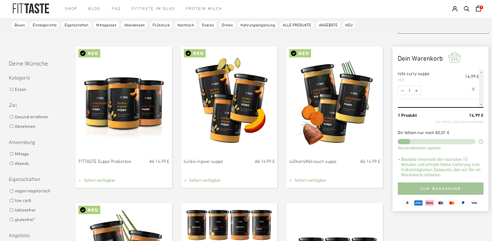 Screenshot of the meal-prep shop Fittaste