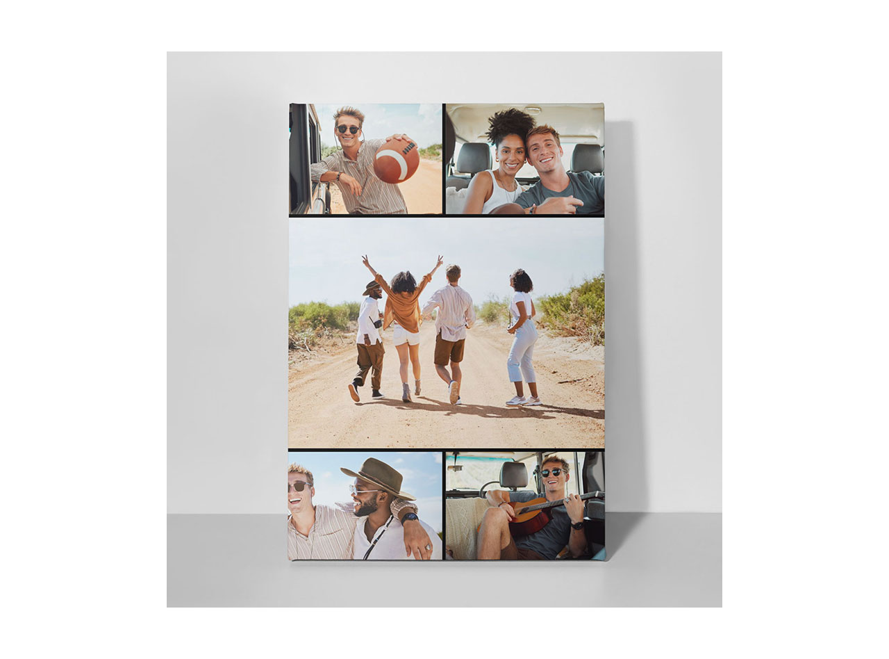 A canvas printed with a 5-photo collage of a man having fun with his friends