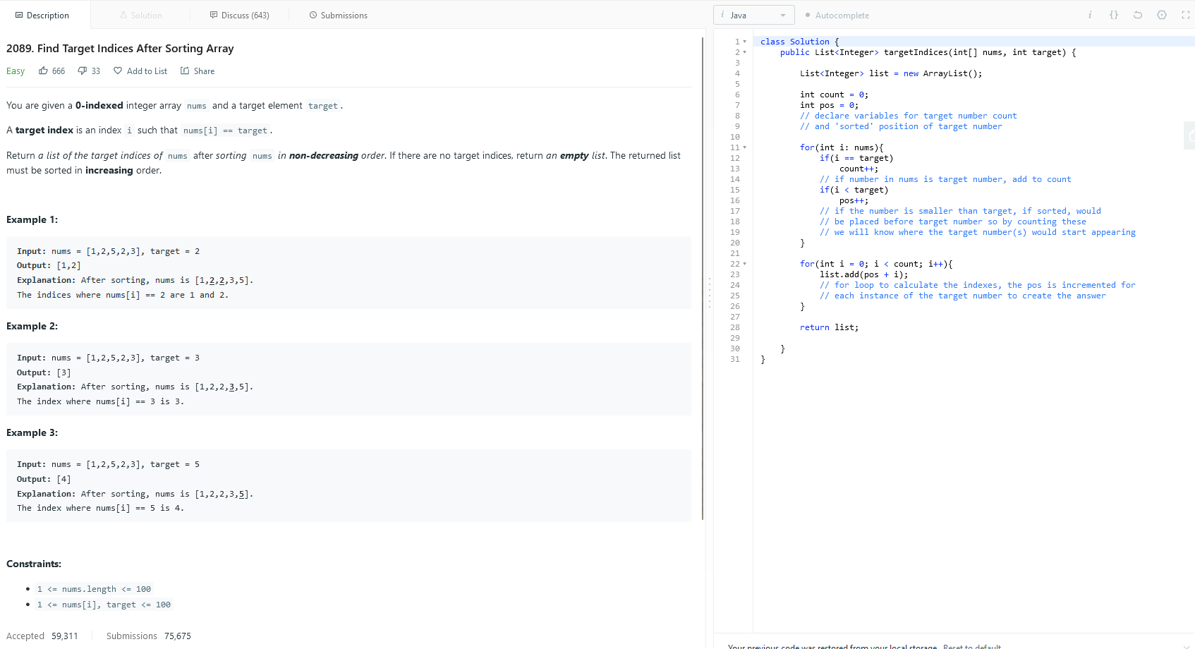 Find Target Indices After Sorting Array (LeetCode #2089)