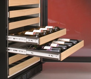 Wine cooler with open drawers mounted on white with full extension drawer slides