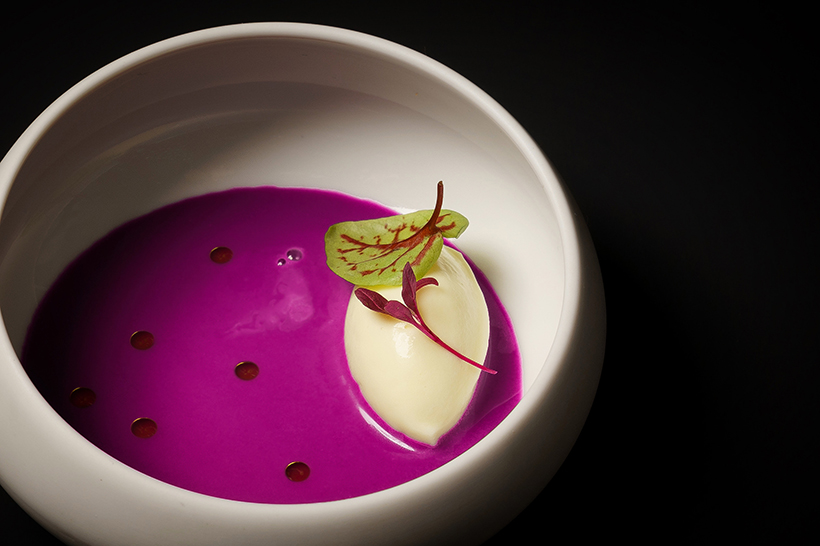 Red cabbage gazpacho, horseradish ice-cream, olive oil.jpeg