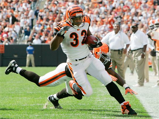 The Cincinnati Bengals running back Rudi Johnson (32) rushes up