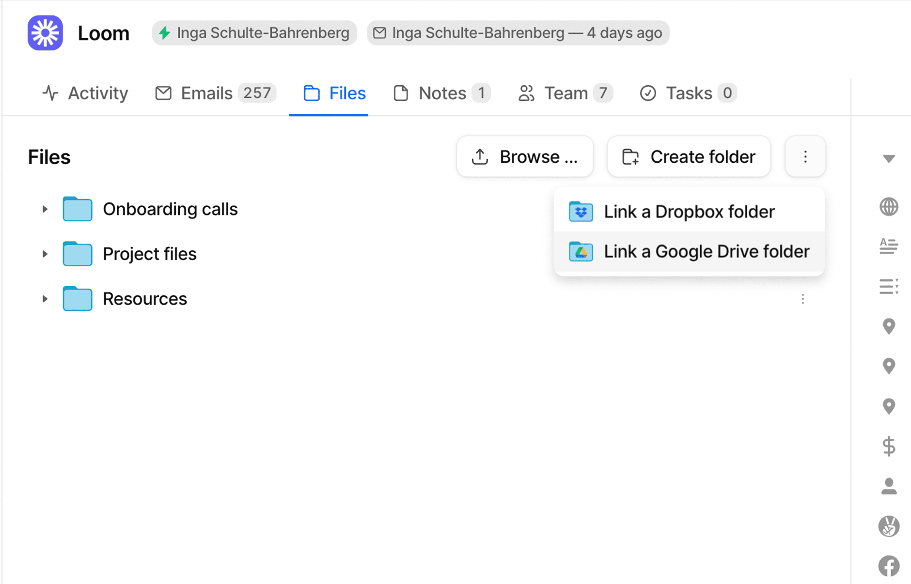 A dropdown menu on a record page for linking cloud storage folders to a record