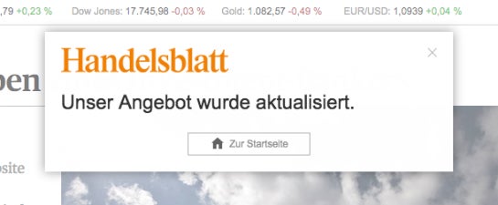 Pop-up auf Handelsblatt.de  (Screenshot: Konversionskraft ) 