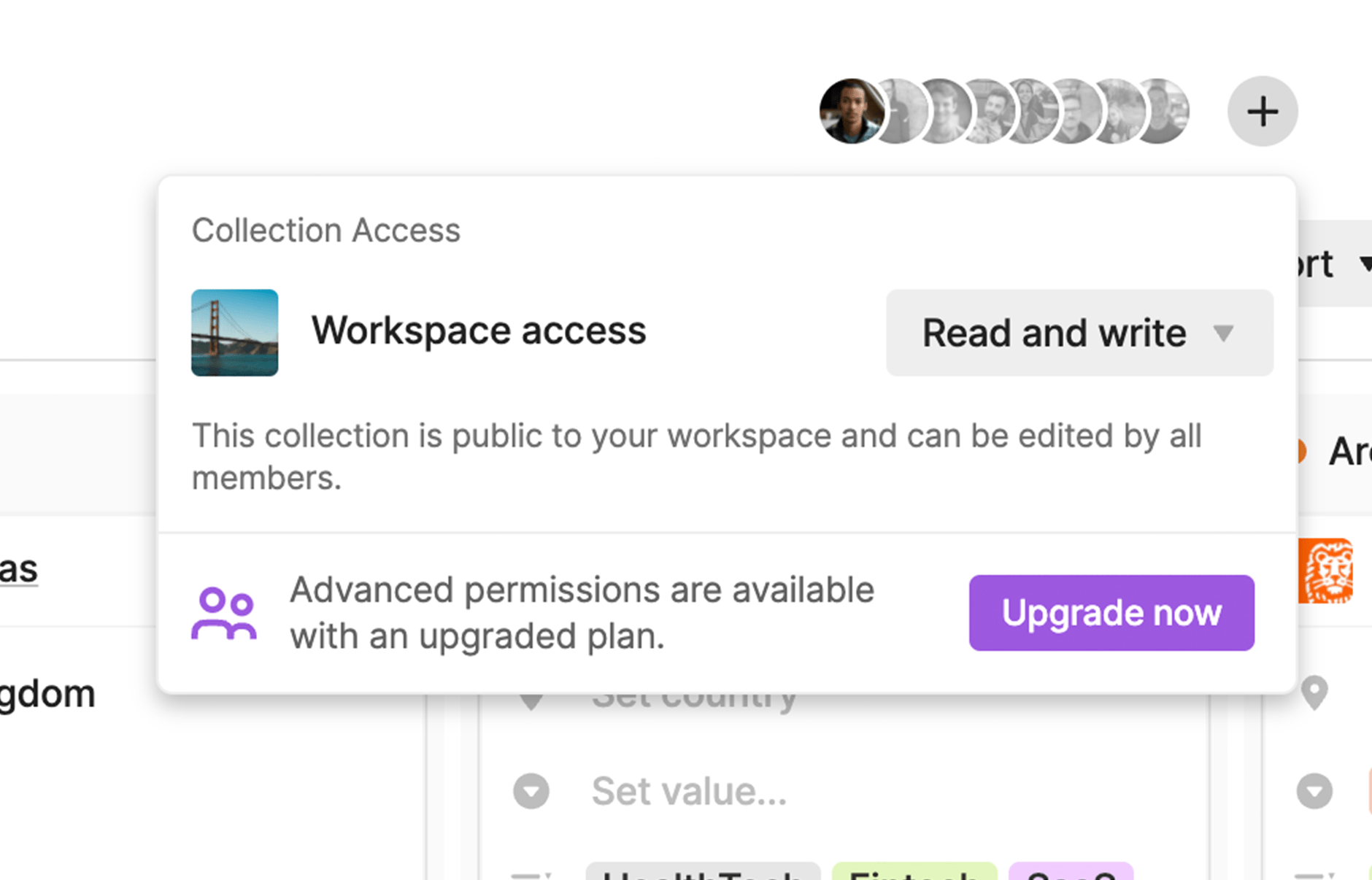 The dropdown that appears when the plus icon is clicked in the top right corner of a collection. It contains options for setting the preferred access level for everyone in the workspace.