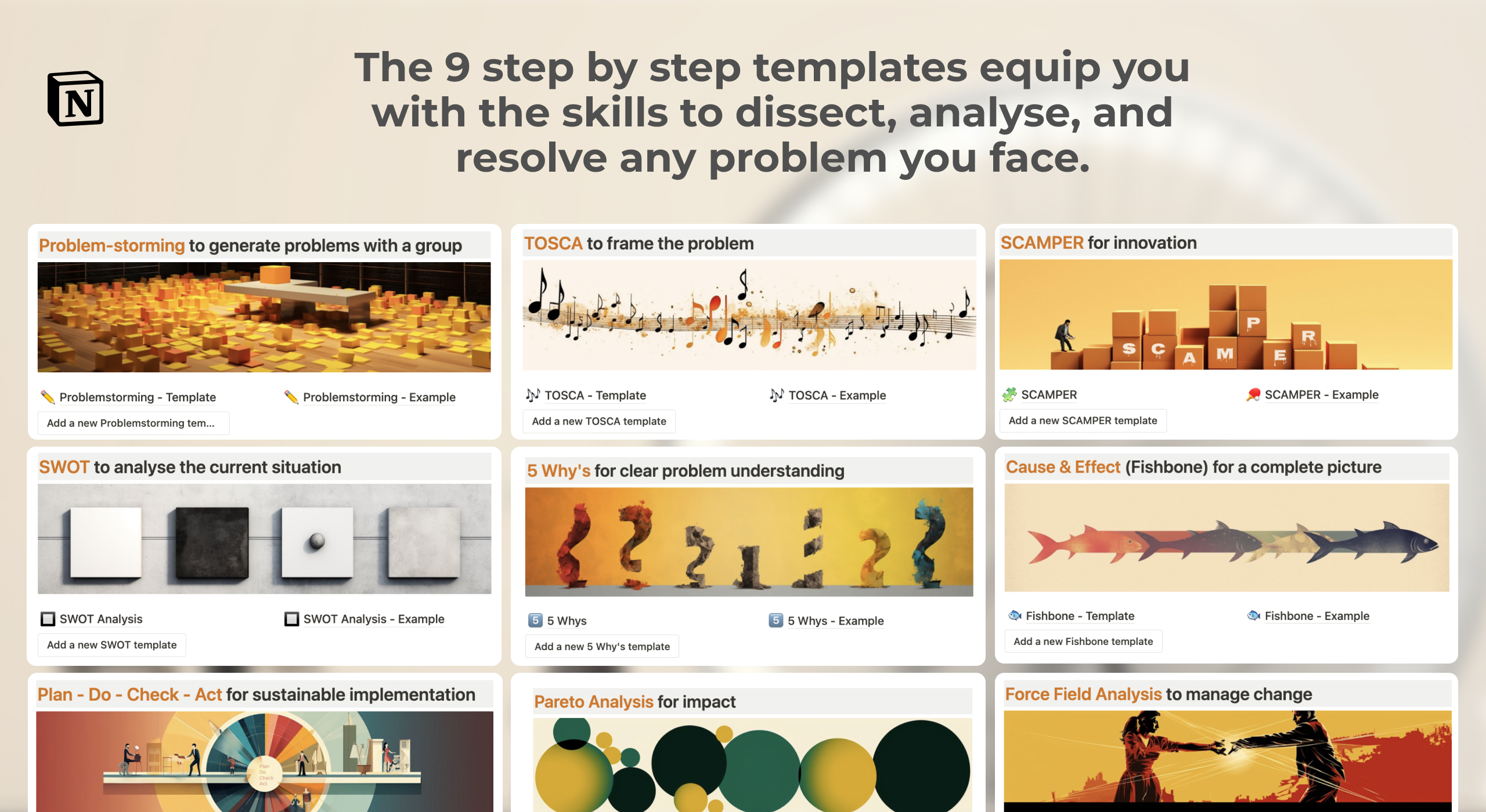 Problem solving toolkit templates - step-by-step tools to analyze and solve problems.