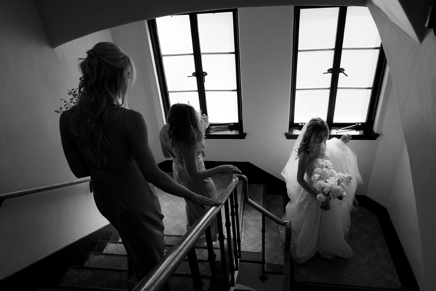 stairs with bride and friend