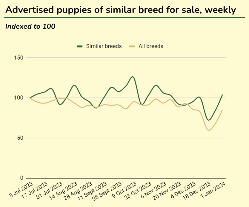 Advertised puppies of similar breed for sale, weekly