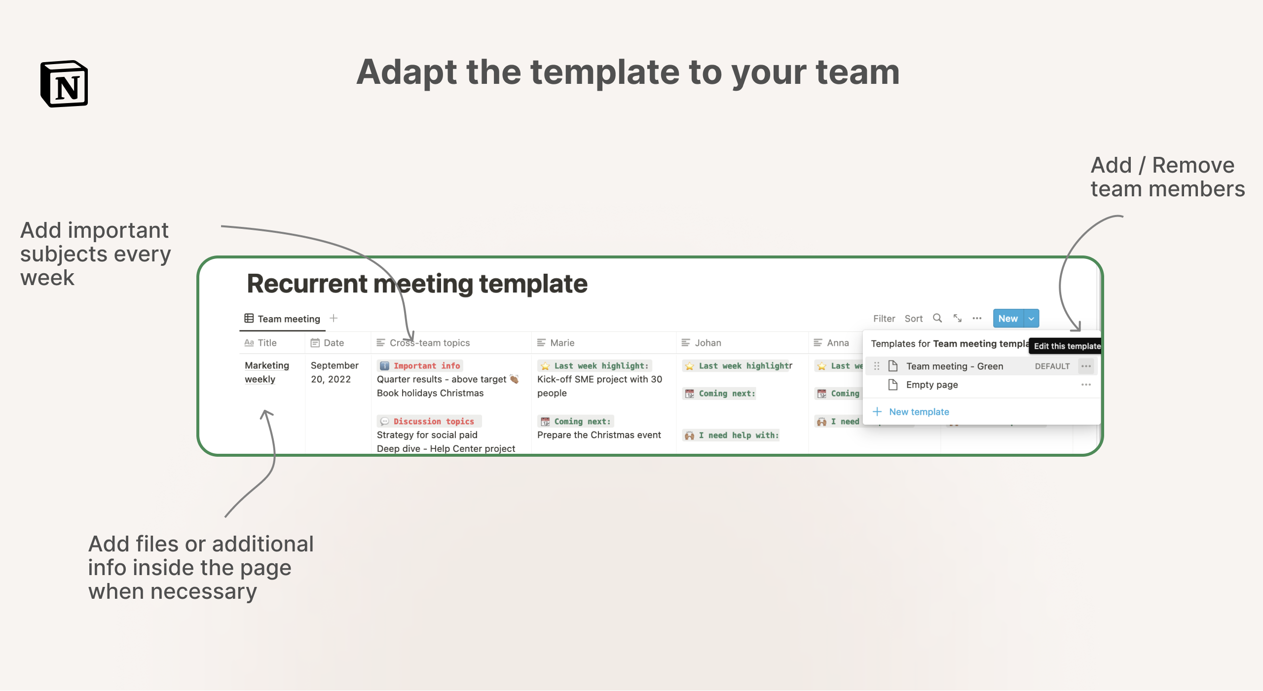 Details of a team meeting template - customize for your team's communication and planning needs