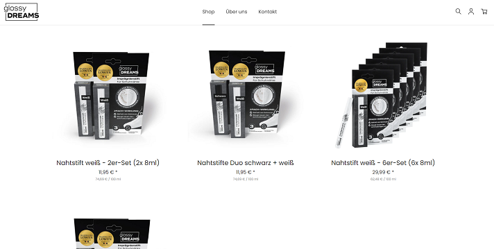 Screenshot of the niche e-commerce business Glossy Dreams