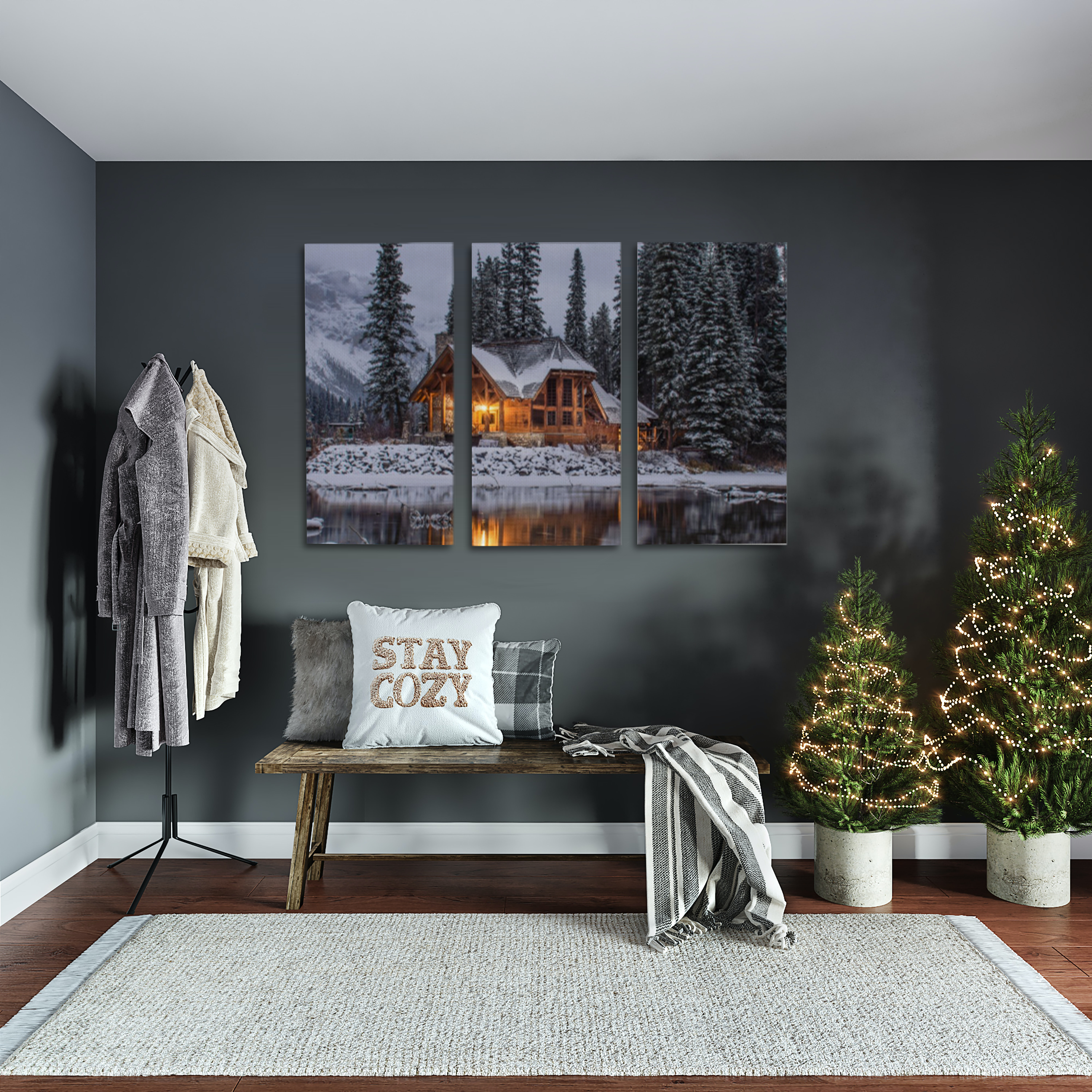 Triptych in entryway of cabin in the snow