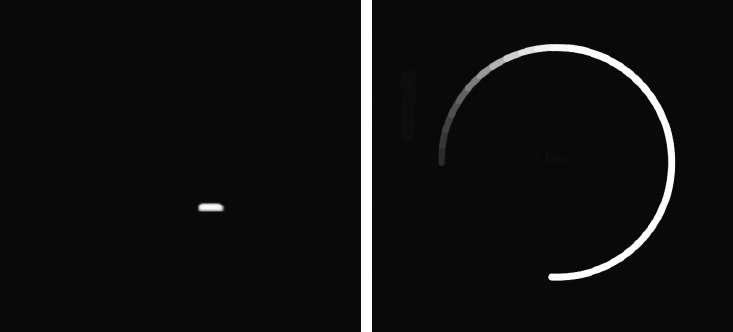 תרשים 8. תנועת עיגול של הקשת ההיברידית: כפי שהיא נראית בווידאו, מנקודת המבט הצִדית (משמאל), וכפי שהיא נוצרת מחדש בפרטיטורה, מנקודת המבט העילית (מימין).