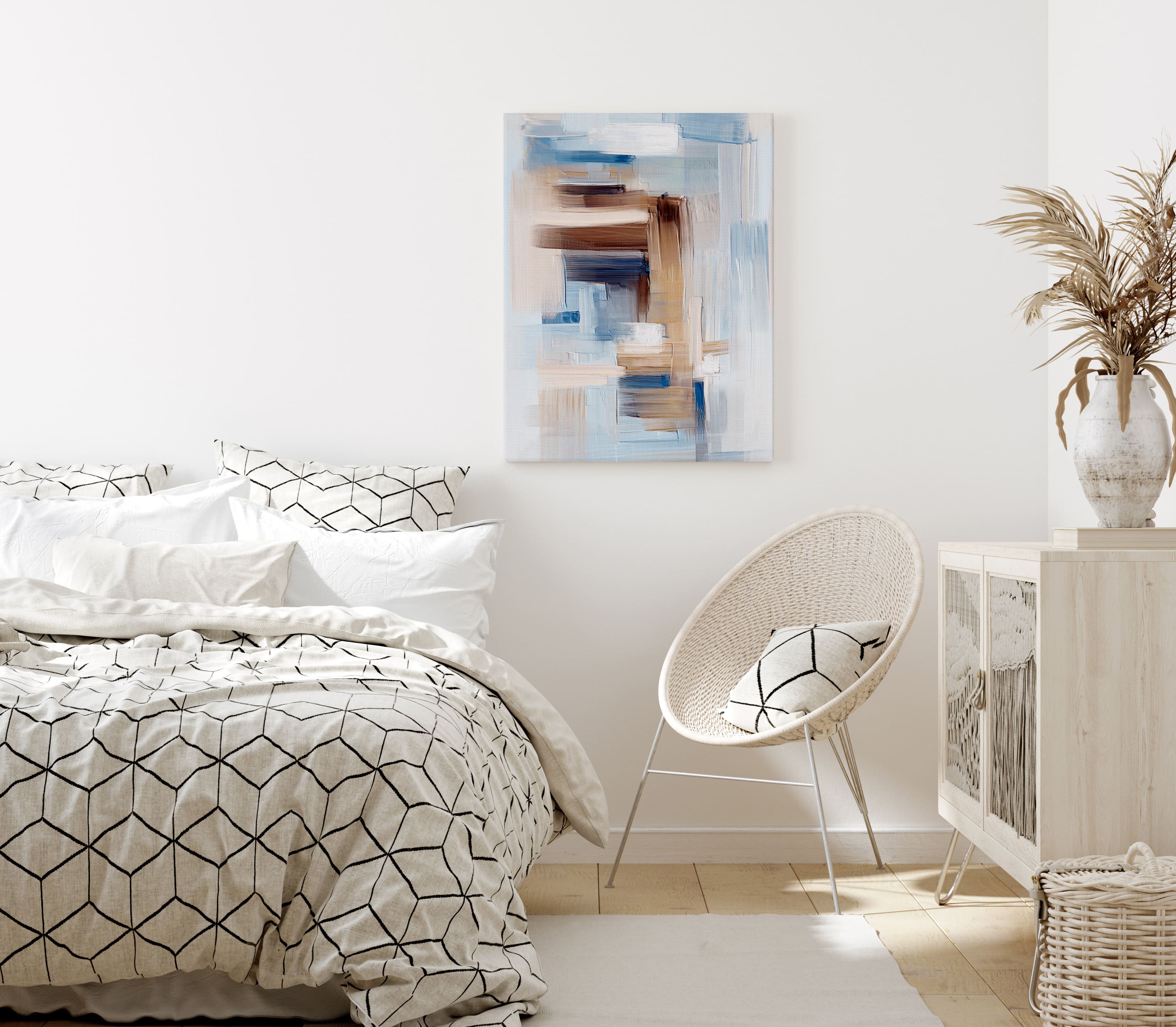 Canvas print of abstract art in bedroom.