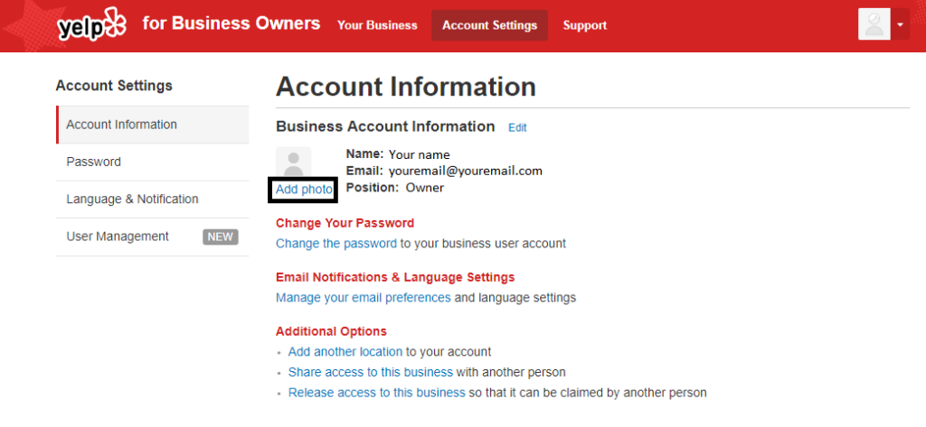 yelp business login add photo screen