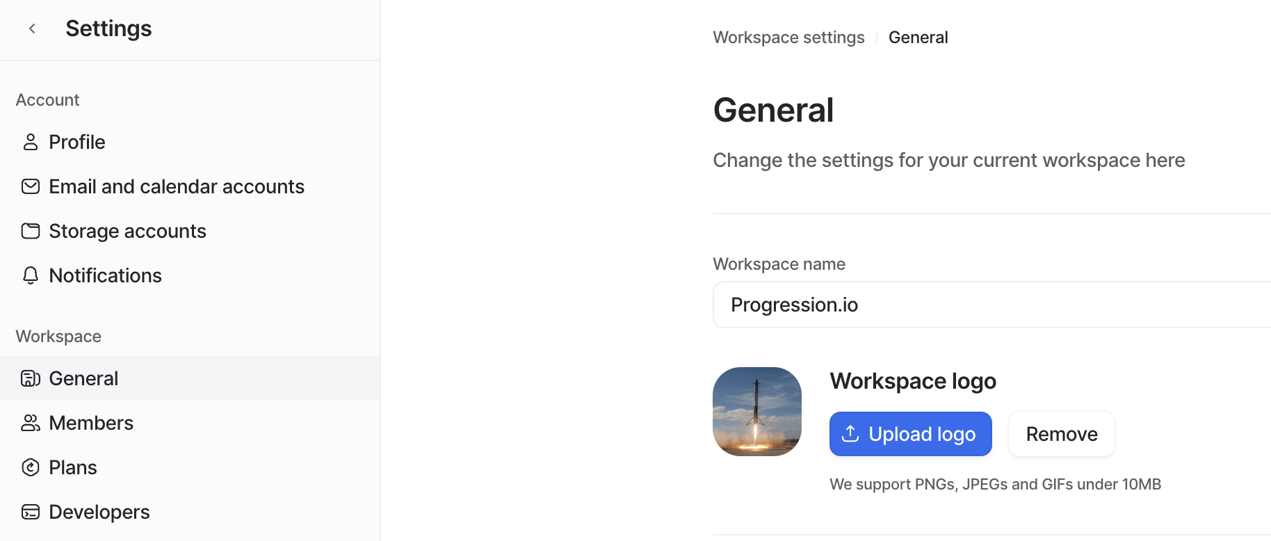 General workspace settings page showing options to update workspace name and logo