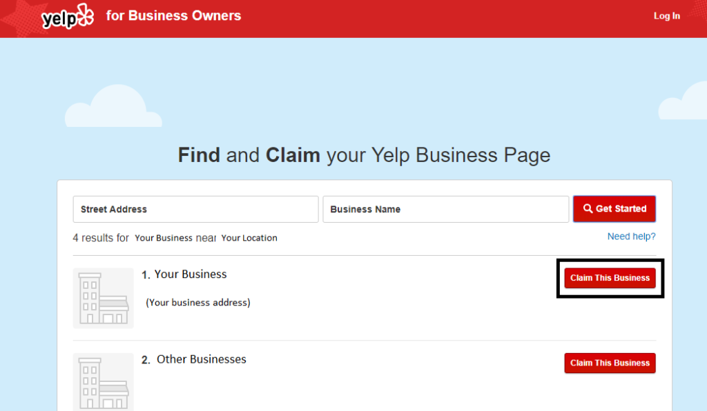 yelp login business screen