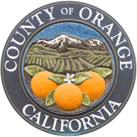 Orange County California seal displaying orange groves and mountains
