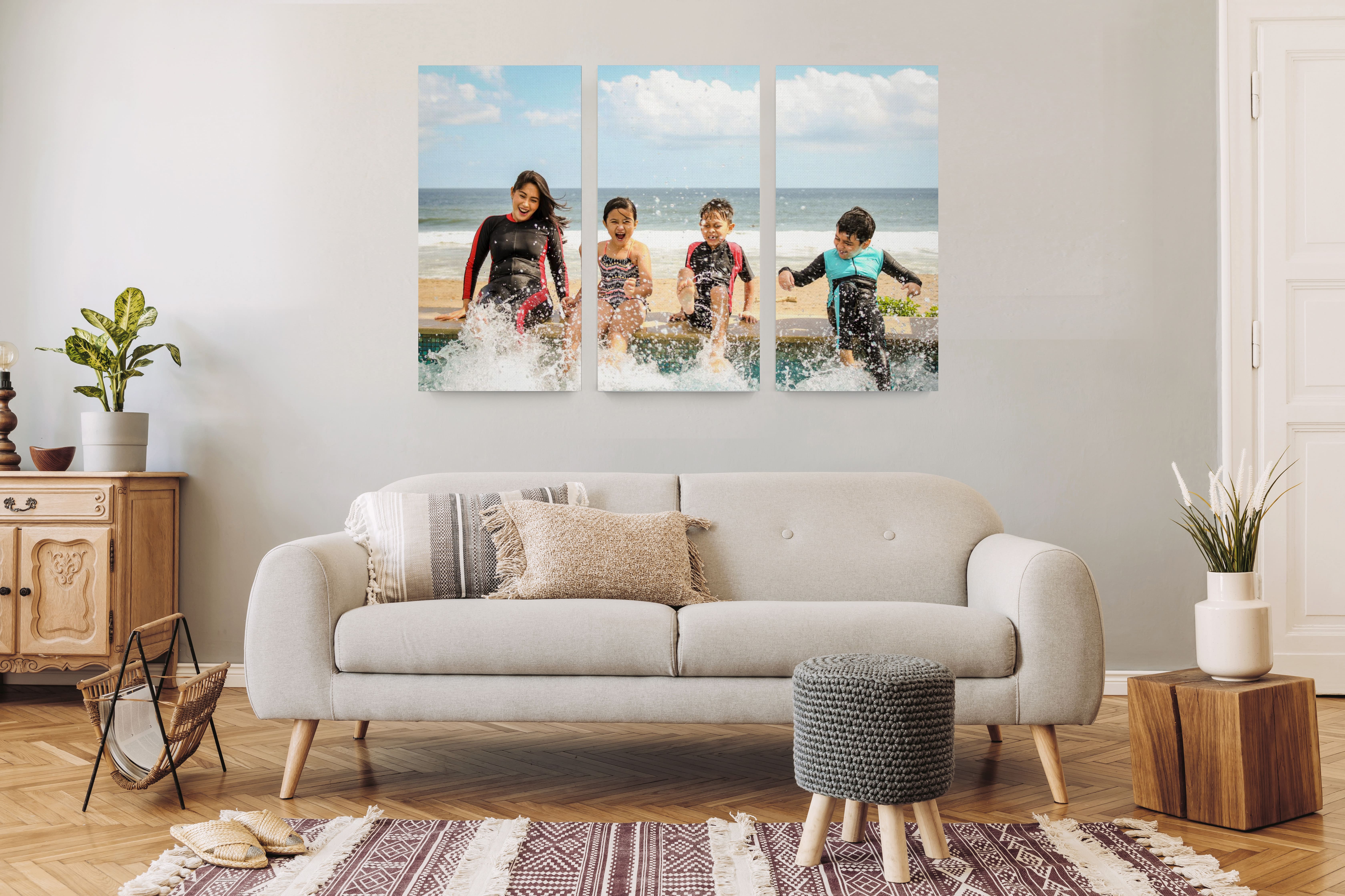 Triptych of a family at the beach in living room