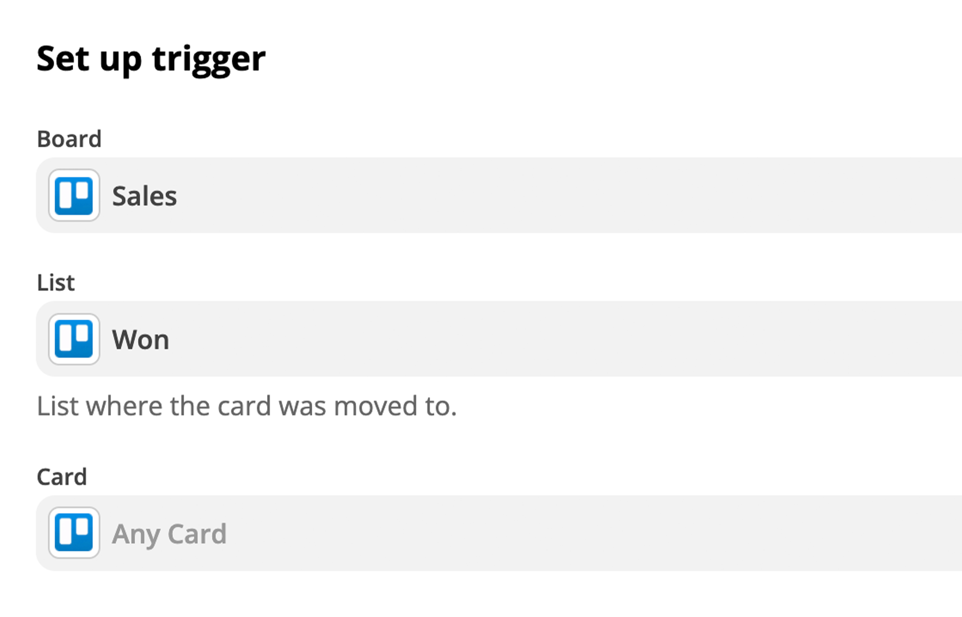 A step is being configured in Zapier to determine which Trello board, list, and card should trigger the Zap.