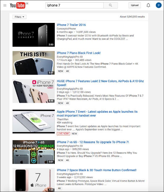 Die aktuellen Suchergebnisse bei Youtube zum Keyword "iphone 7"