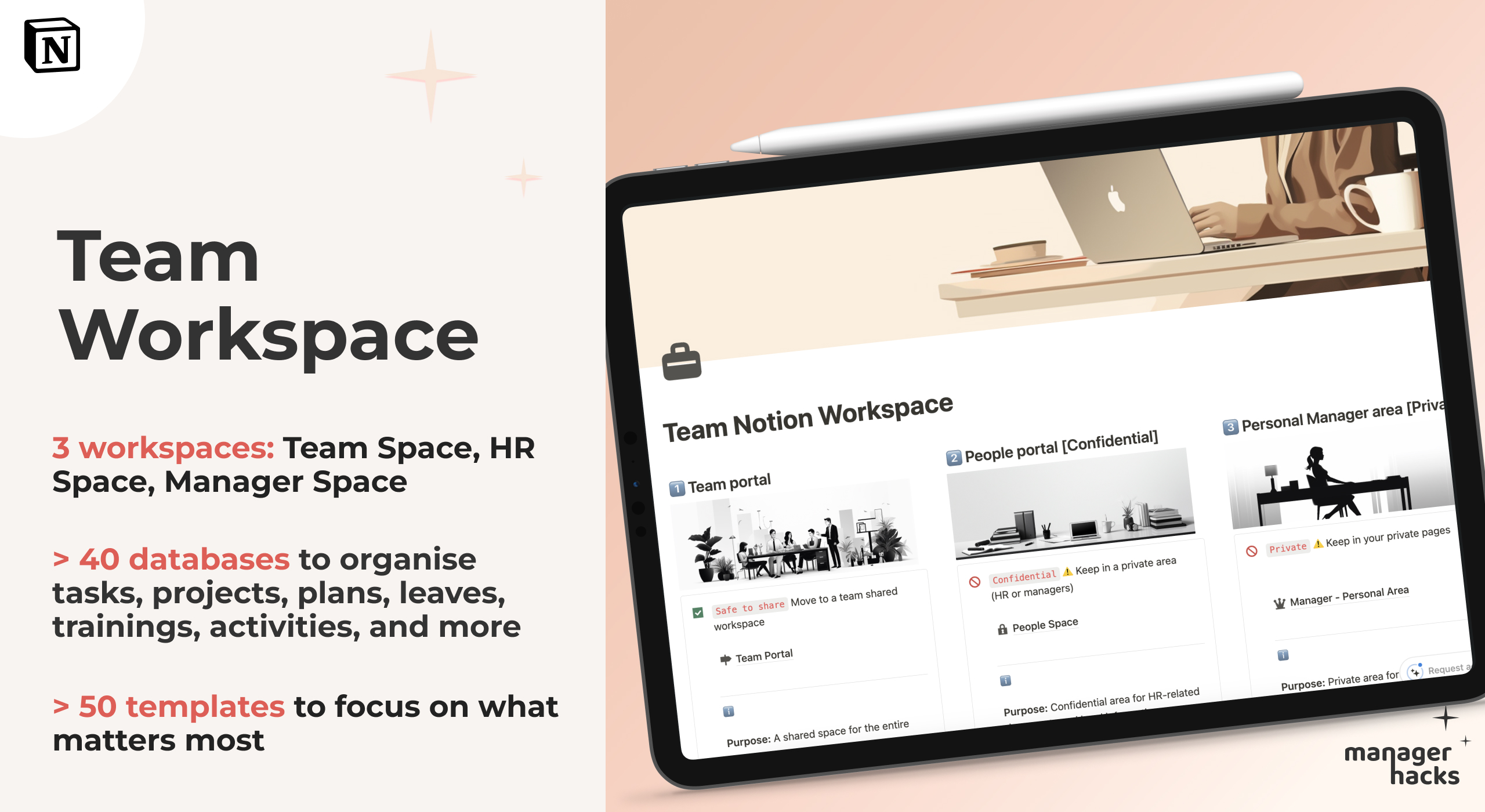 Overview of Notion team workspace template with team spaces and smart management tools.