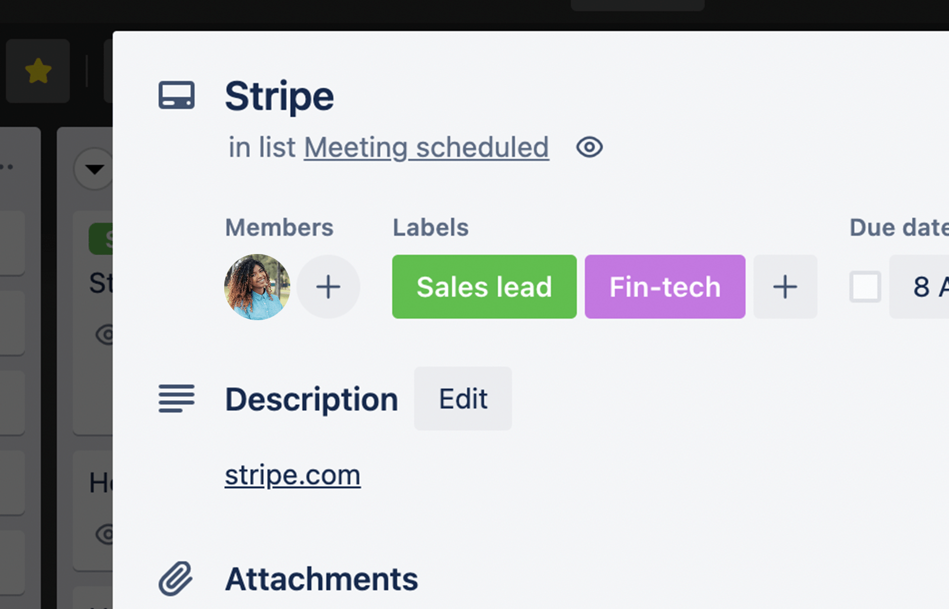An example Trello card is pictured, with a company web address in the Description field. This is required to create a company record in Attio.