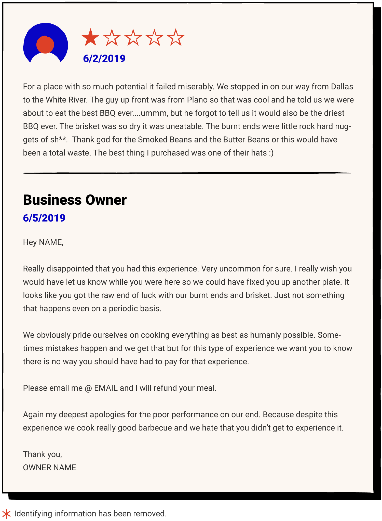 Example of a bad review with a proper response