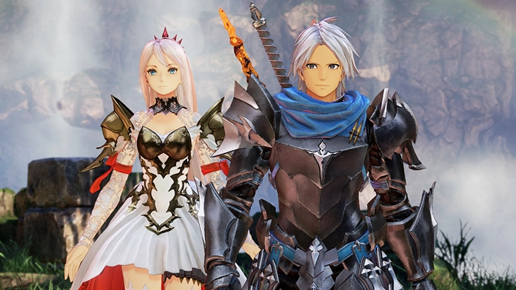 Shionne and Alphen, two main characters from Tales of Arise Beyond the Dawn, striking a pose.