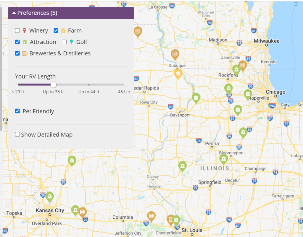 The Harvest Hosts search preferences display choices for the location type, as well as RV size and whether or not the host is pet-friendly.