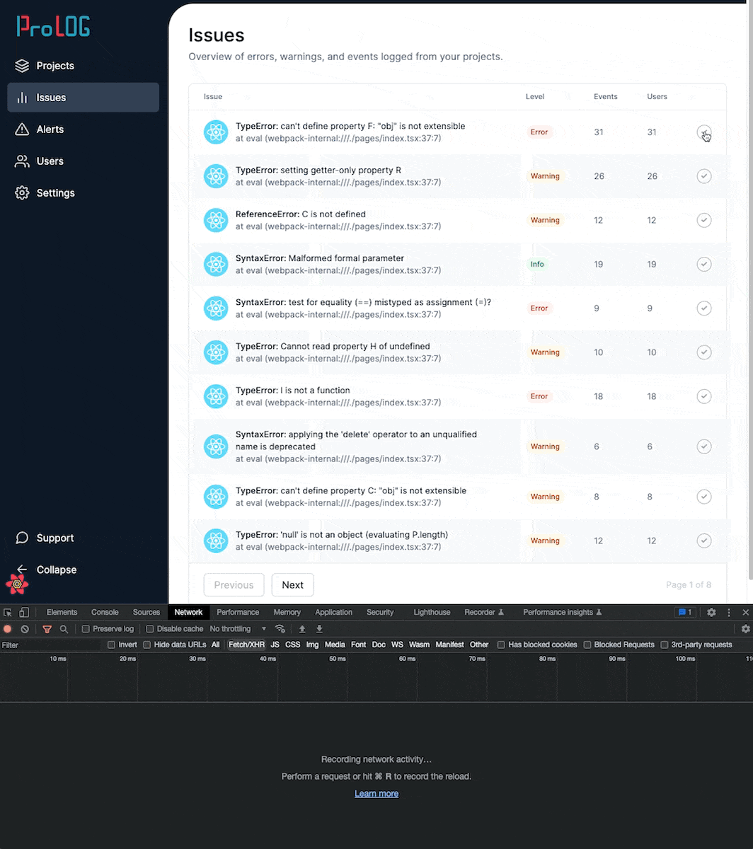 Optimistic update: The resolved issue is removed from the table immediately via