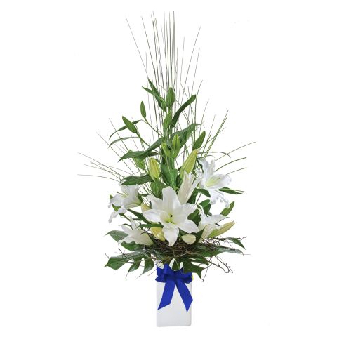 arrangement with blue ribbon on vase.jfif