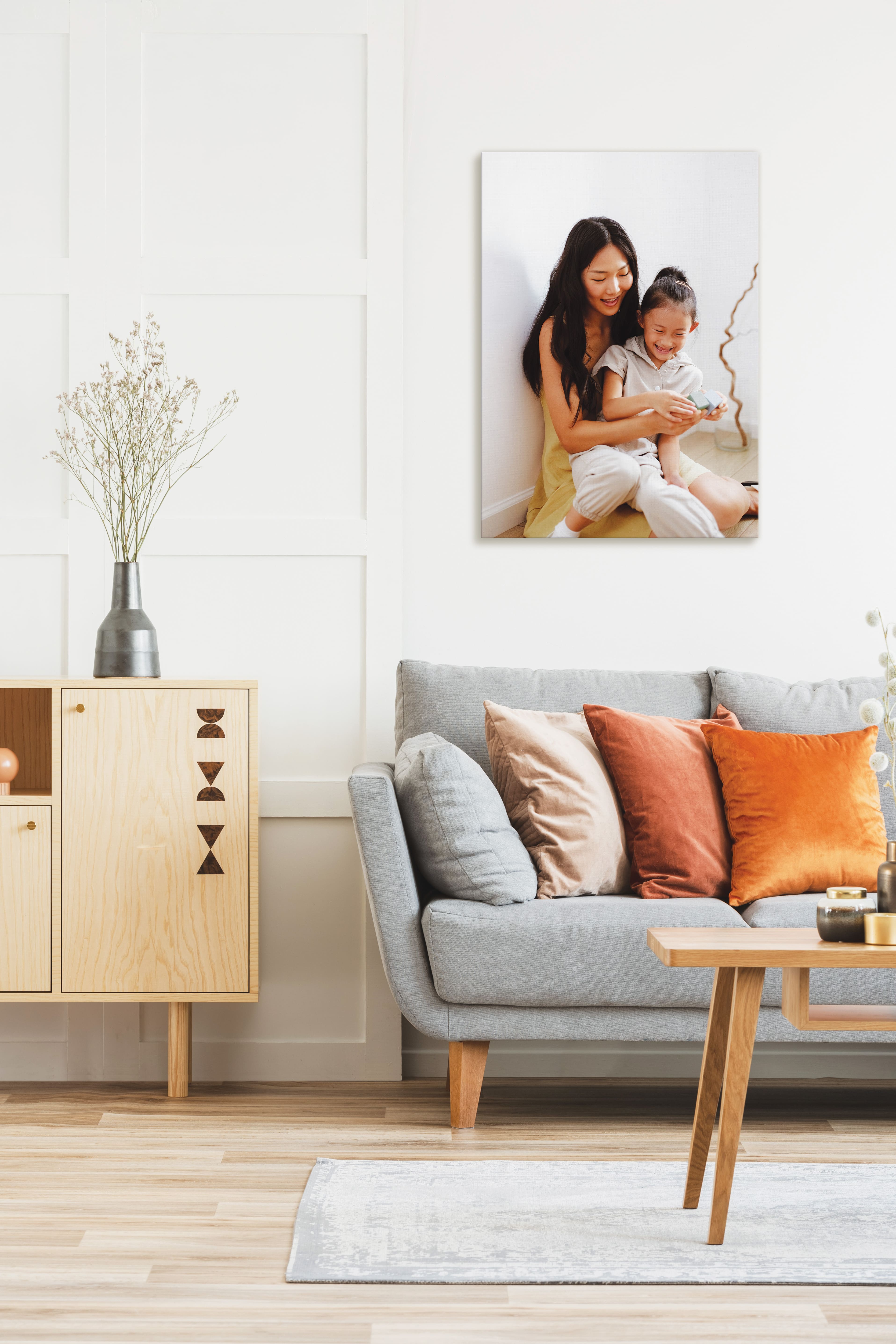 Canvas print in living room of mother and daughter.